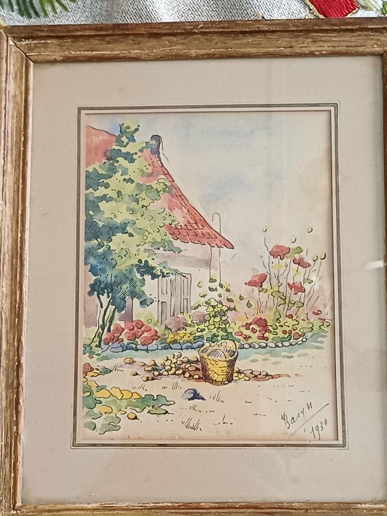 aquarelle originale signée Basyn (1930), Antiquités & Art, Art | Peinture | Classique, Paysage, Vintage, Aquarelle, Papier, Signé