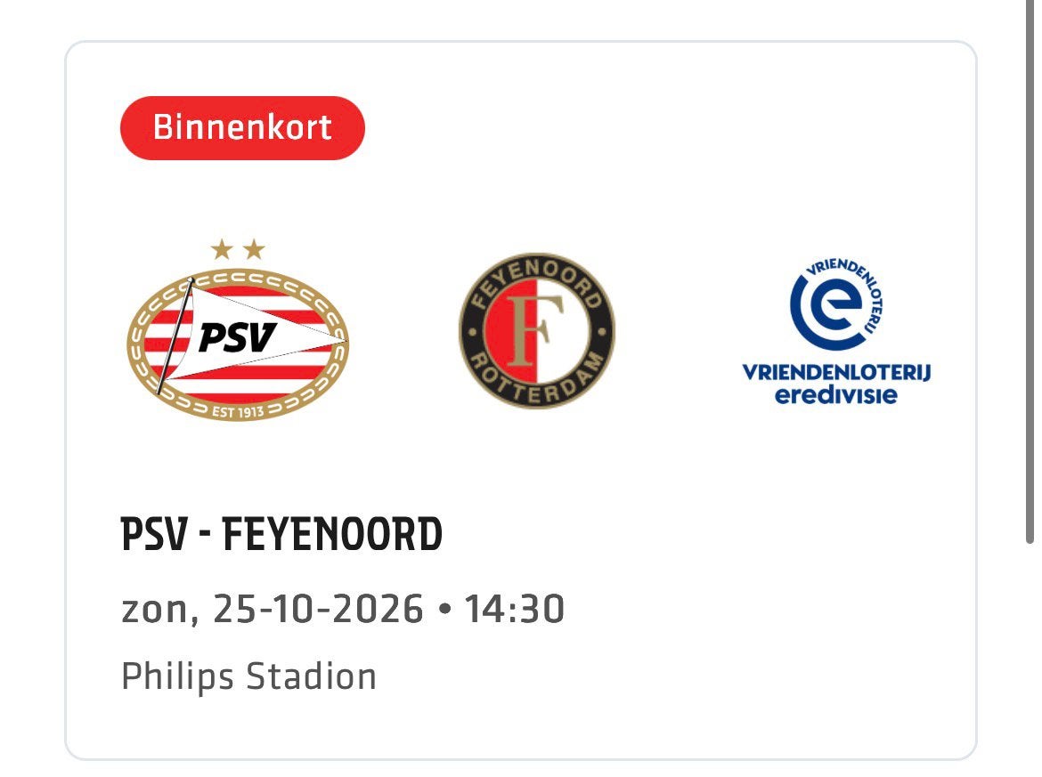 Psv ticket tegen feyenoord thuis voor 25 okt vak LL, Tickets & Billets