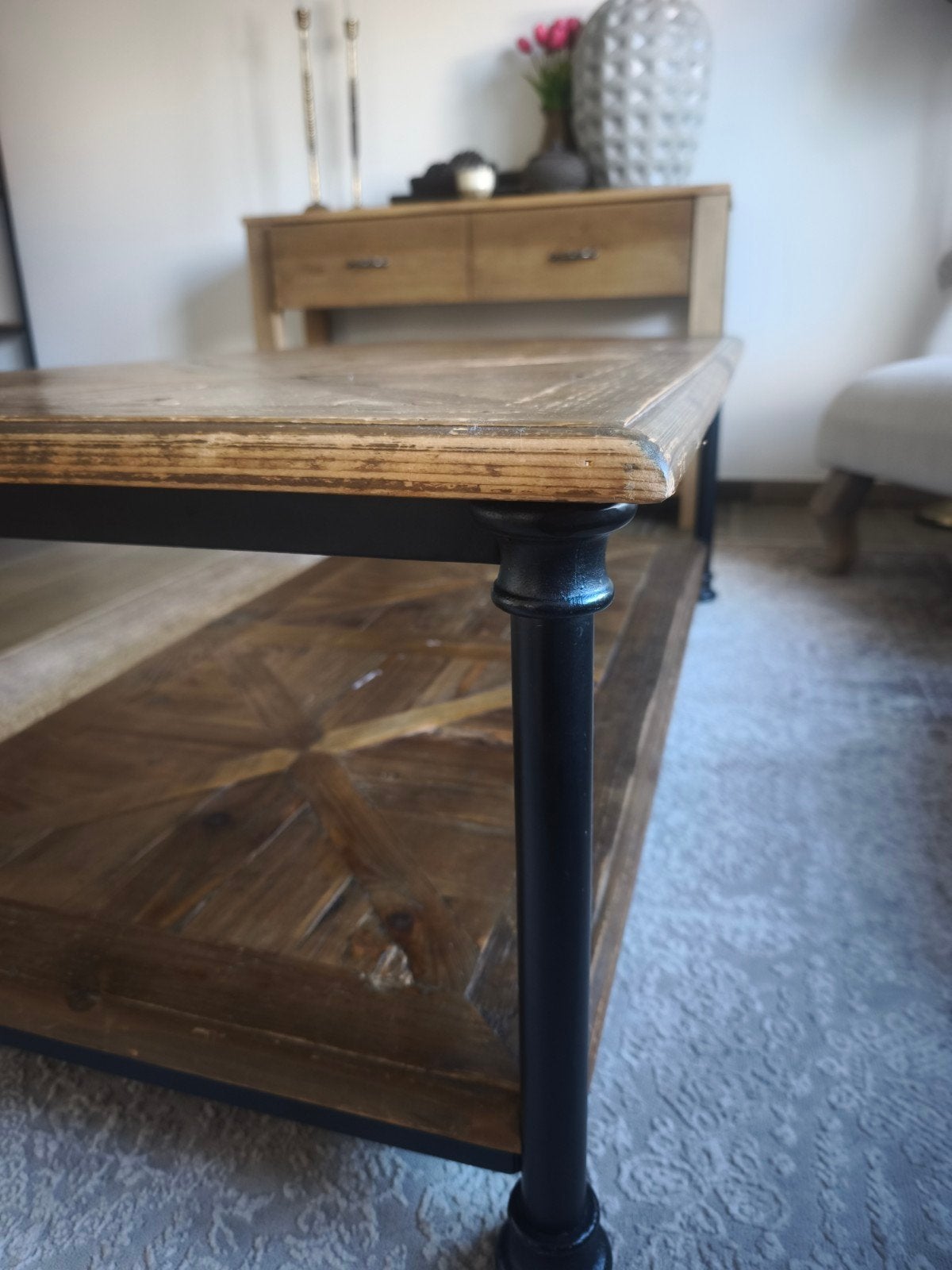 Prachtige landelijke salontafel – hout & staal, Huis en Inrichting, Ophalen