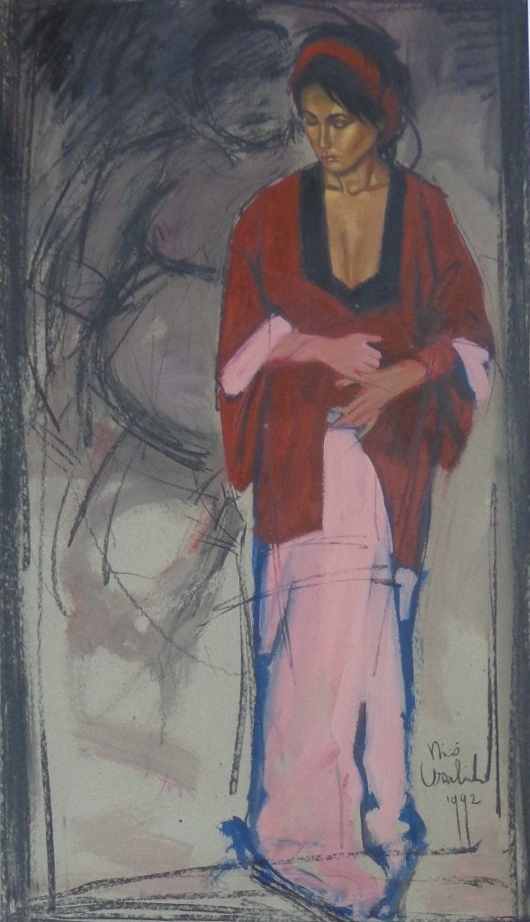 NICO VRIELINK / VROUW MET KIMONO / OLIEVERF KARTON 129x86cm, Antiek en Kunst, Kunst | Schilderijen | Modern, Olieverf, Glas, Gesigneerd