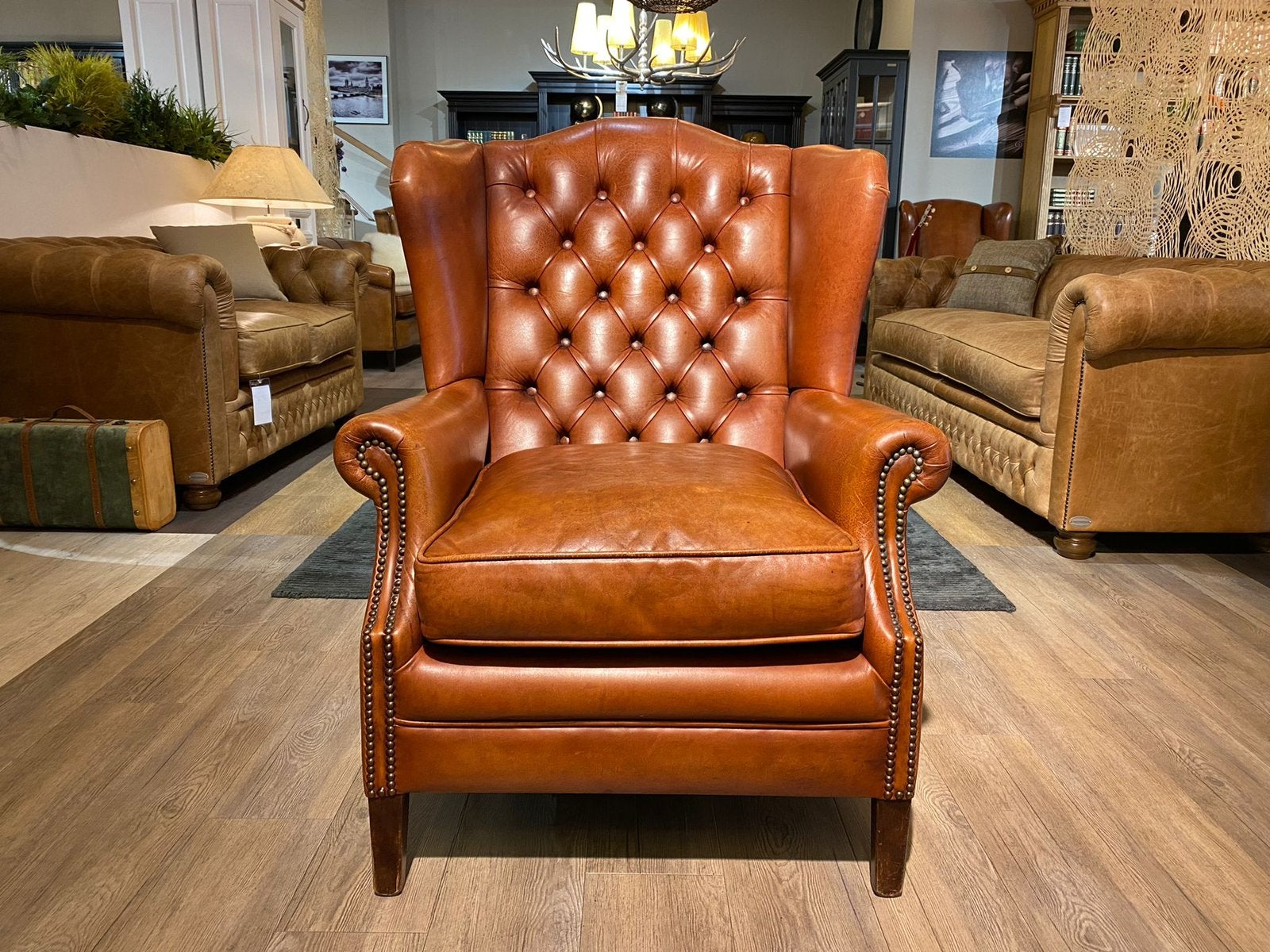 GAVE ENGELSE CHESTERFIELD OOR FAUTEUIL COGNAC LEER zetel, Antiek en Kunst, Ophalen of Verzenden