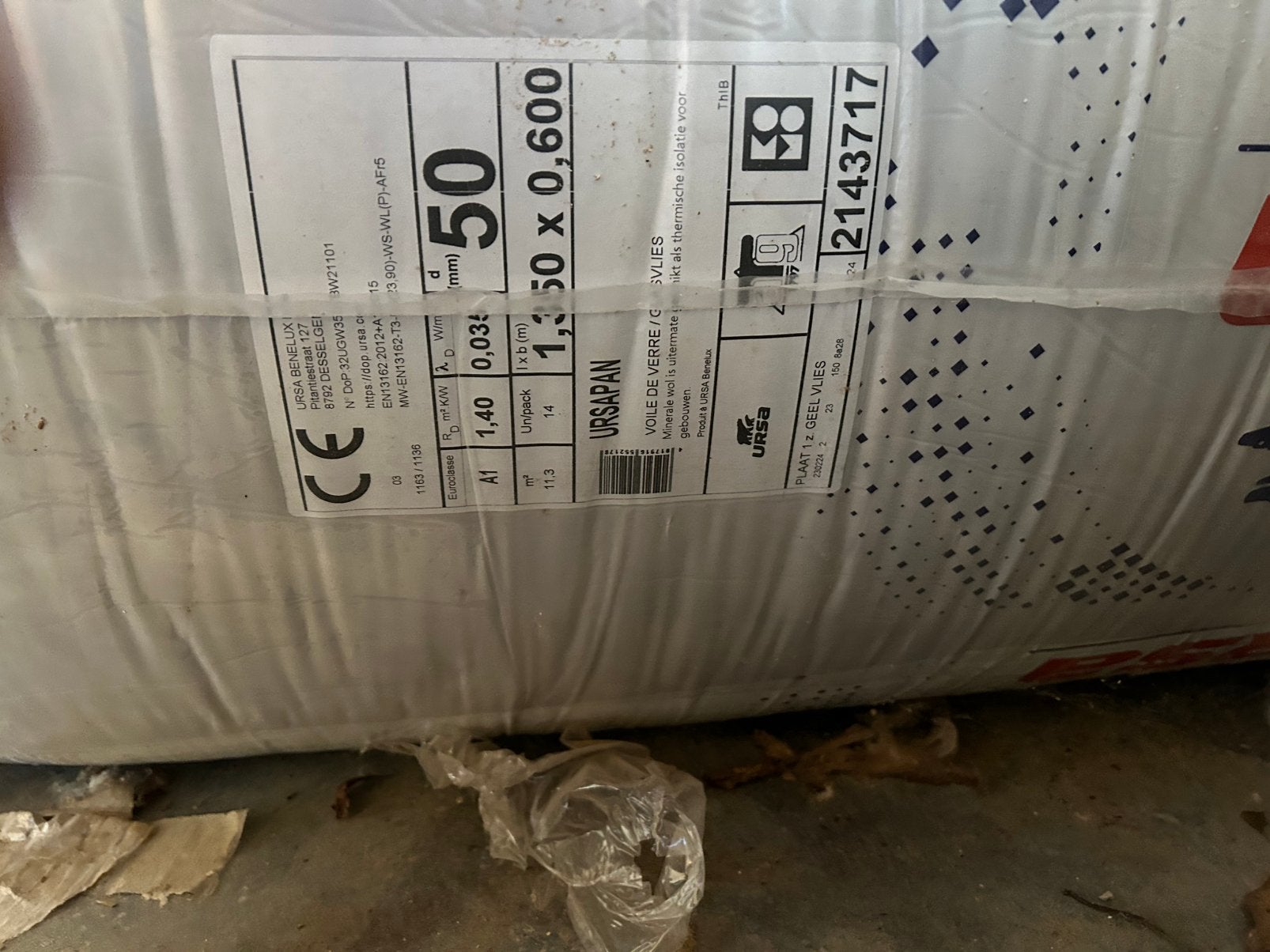 Isolatie glaswol 50mm 7pakken totaal 79,38m2, Doe-het-zelf en Bouw, Ophalen, 4 tot 8 cm, Nieuw, Muurisolatie