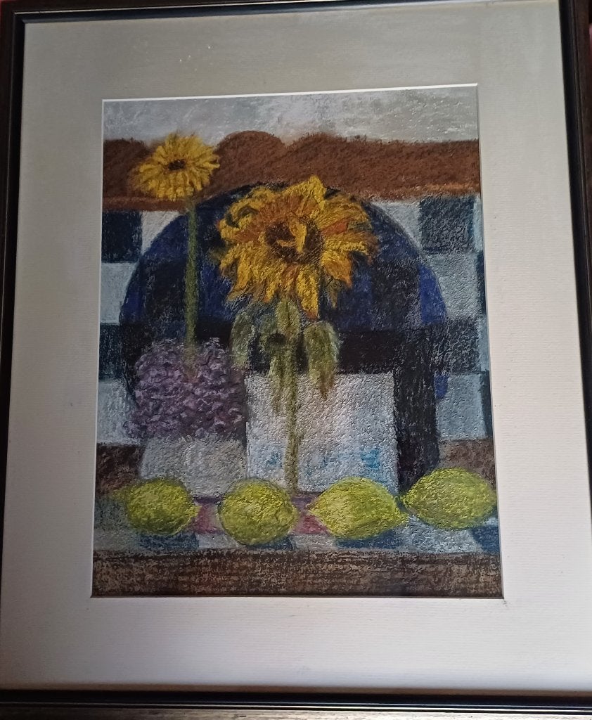 Schilderij zonnebloemen, pastelkrijt, ingelijst, nieuw., Antiek en Kunst, Ophalen, Passe-partout, Pastel