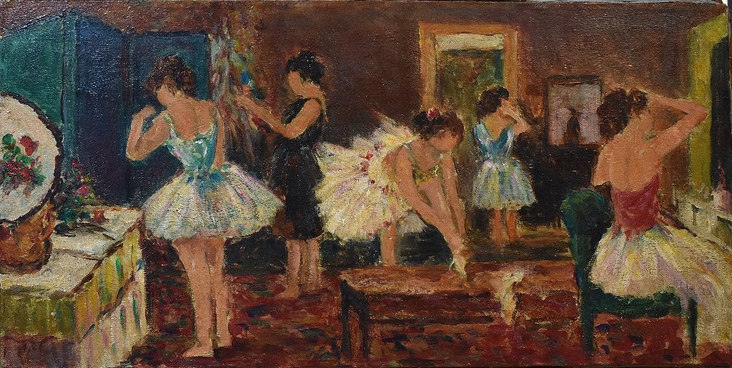 Kleedkamer van danseressen op groot doek (XX)., Antiek en Kunst, Ophalen, Doek, Portret of Personen, Impressionistisch