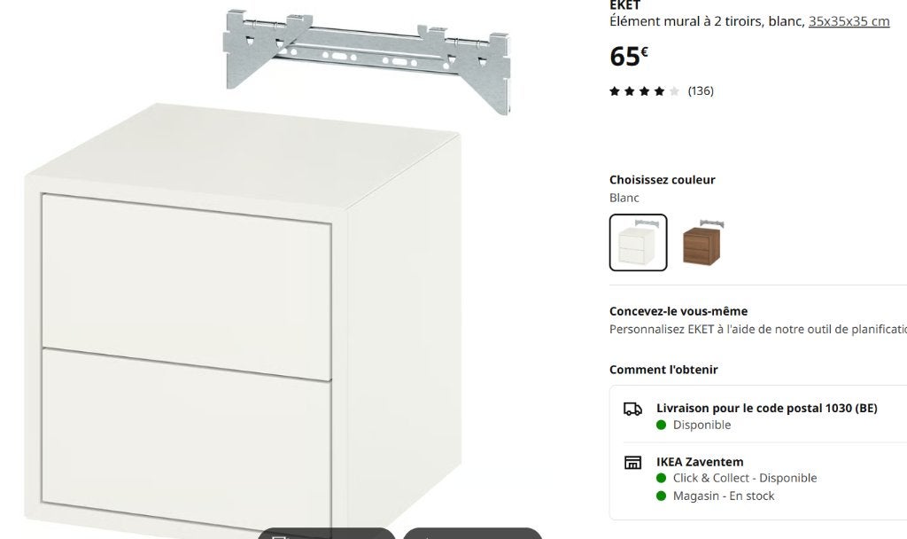 Table chevet murale blanche, Moins de 55 cm, Moins de 45 cm, Enlèvement, Utilisé