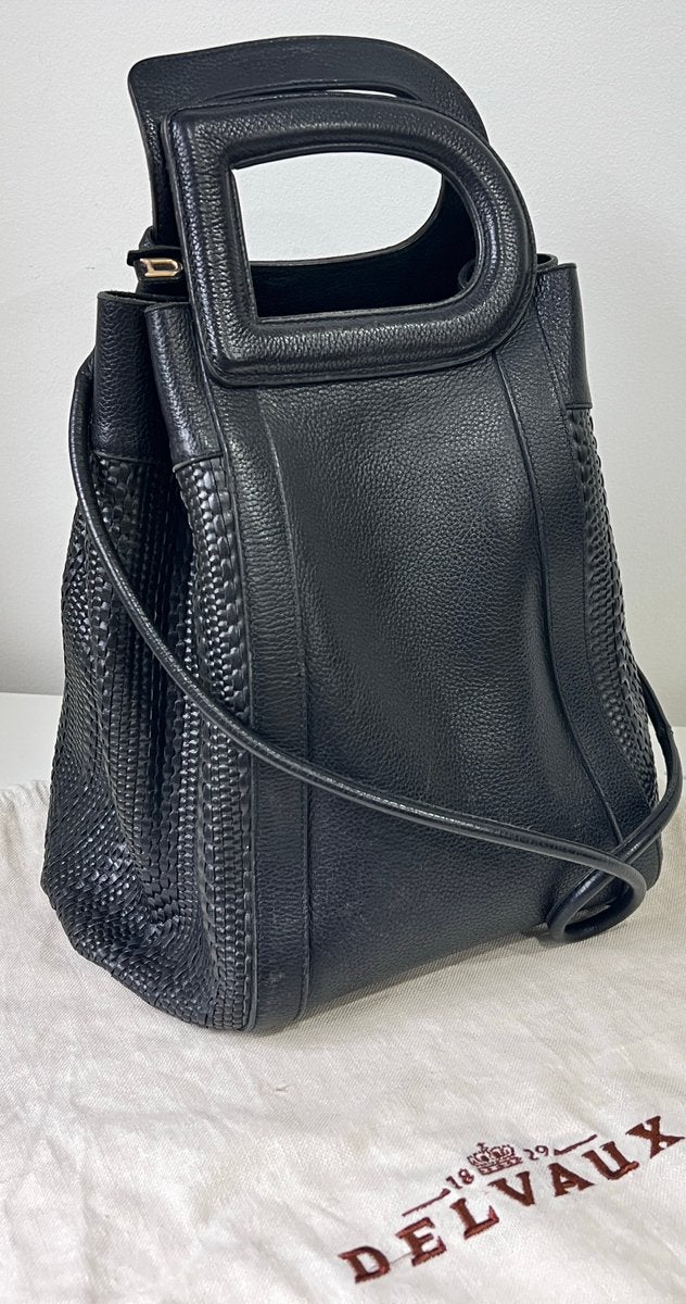 DELVAUX LE PUNCH SAC A MAIN EPAULE CUIR NOIR / TRESSÉ - TBE, Enlèvement ou Envoi, Comme neuf, Noir, Sac à main