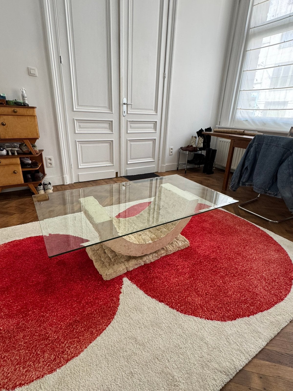 Vintage salontafel travertin + glas, Huis en Inrichting, Tafels | Salontafels, Ophalen, Gebruikt, Glas