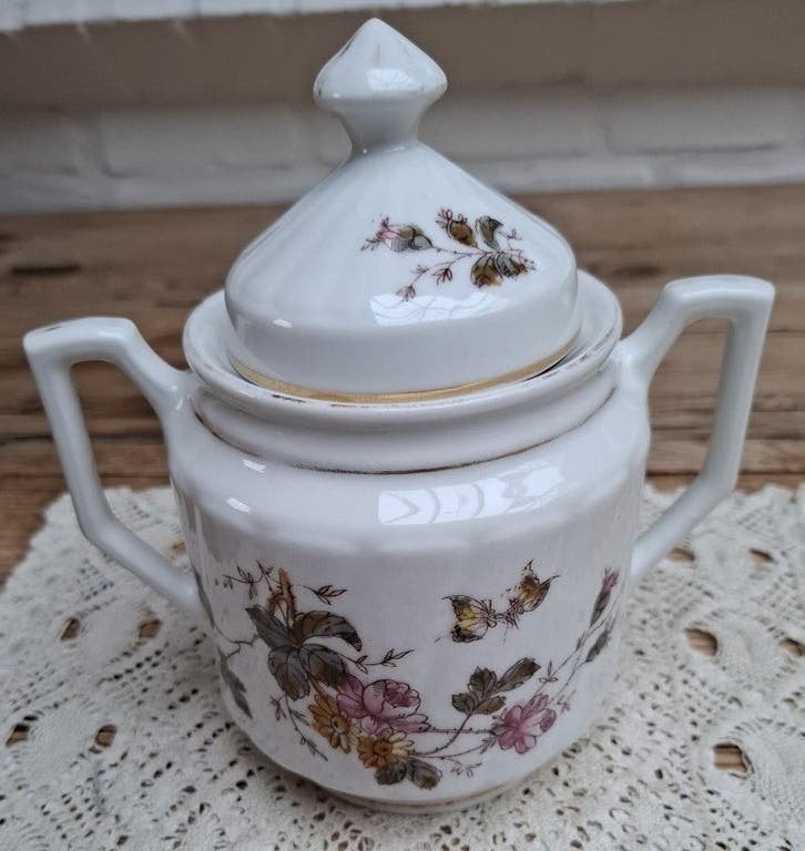Grote brocante suikerpot met roze rozen, bloemen, vlinders, Ophalen of Verzenden