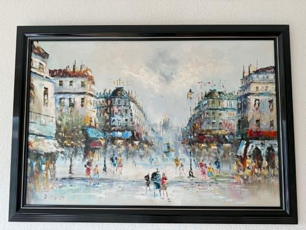 schilderij met landschap - zwarte kader, Antiek en Kunst, Kunst | Schilderijen | Klassiek, Ophalen, Bijzondere lijst, Doek, Impressionistisch
