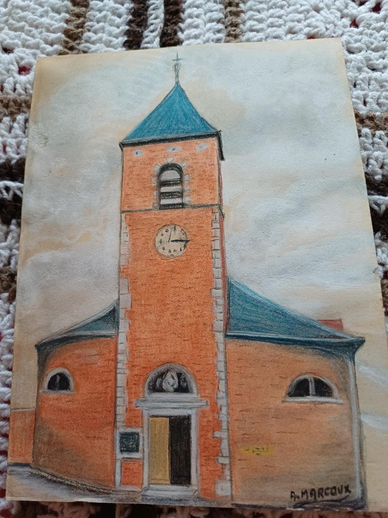 Dessin original "Église de la Sainte-Vierge par A. Marcoux, Antiek en Kunst, Kunst | Schilderijen | Klassiek, Stads- / dorpsgezicht