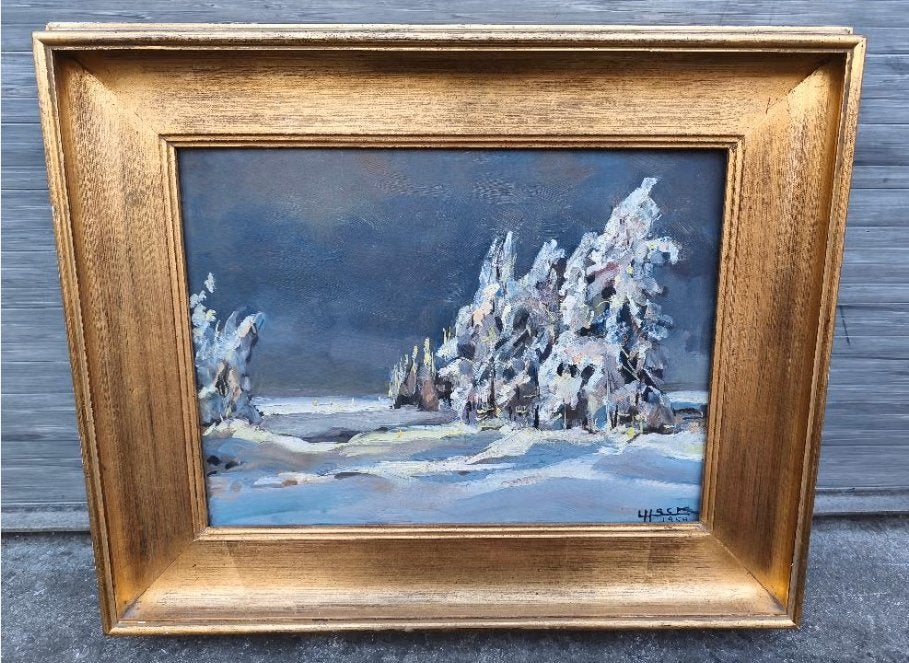 Huile sur panneau fagnes enneigé signe Lucien hock, Antiquités & Art, Art | Peinture | Classique, Enlèvement ou Envoi, Panneau