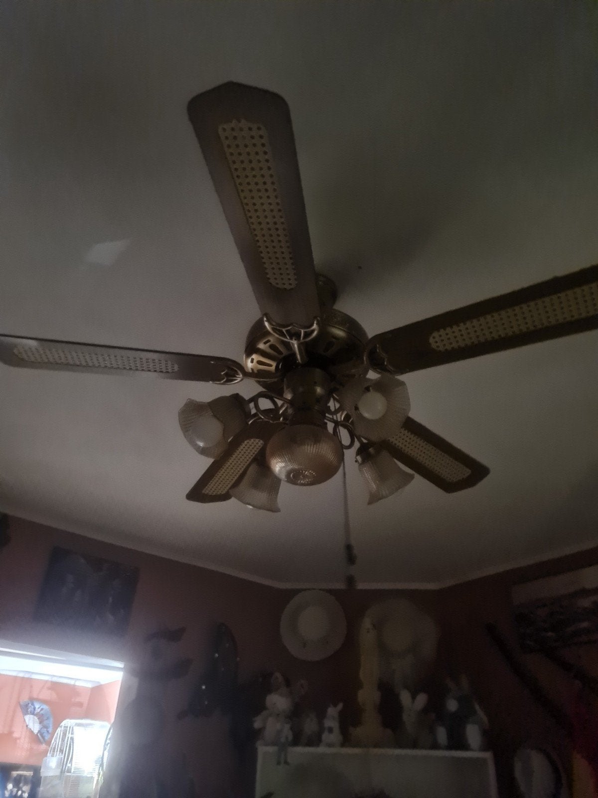 Ventilateur de plafond vintage en bois cannage et laiton ave, Enlèvement, Comme neuf, Verre