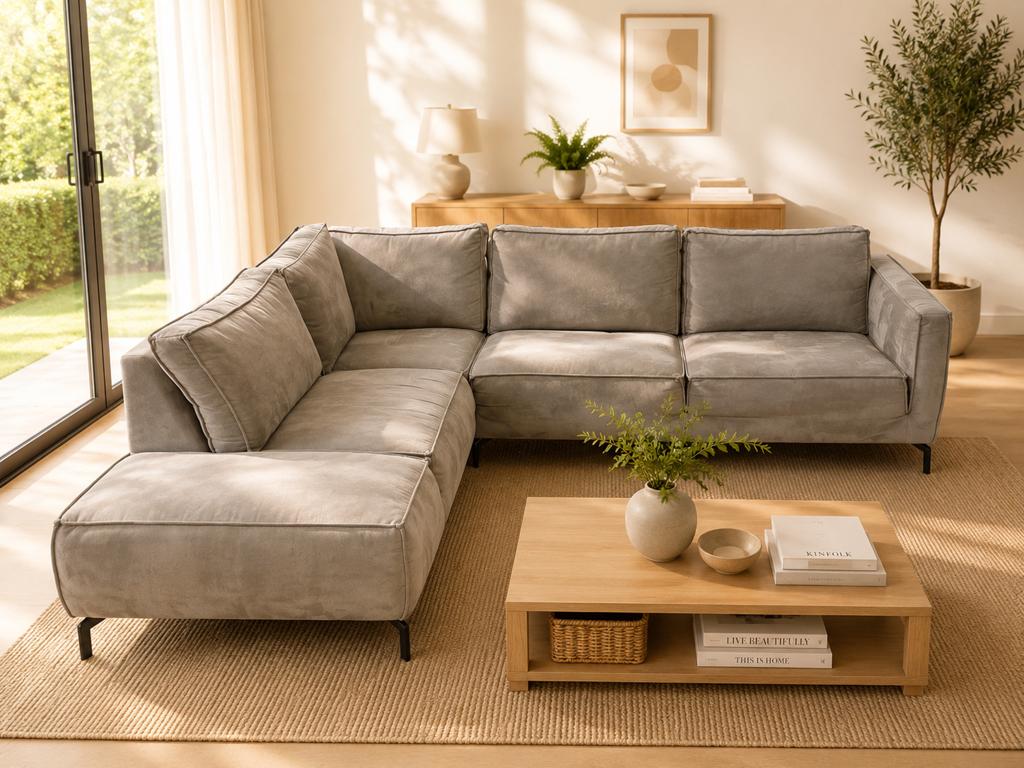 Moderne hoekzetel met longchair – gereinigd – 265 x 230 cm, Huis en Inrichting, Ophalen of Verzenden, Zo goed als nieuw, Kunststof
