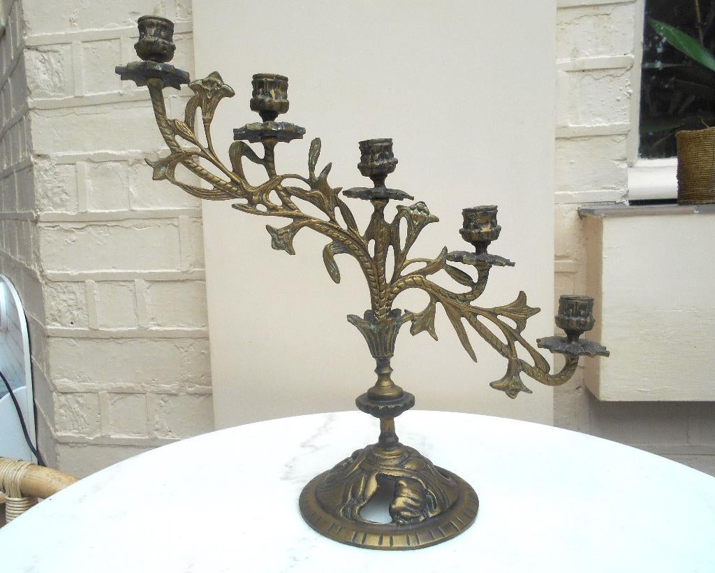 ancien bougeoir chandelier d'église 5 branches en bronze, Enlèvement ou Envoi, Cuivre ou Bronze
