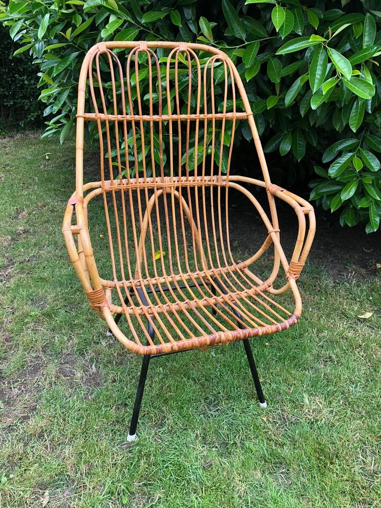 Retro rotan tuin stoel dirk van sliedrecht rohe, Ophalen, Zo goed als nieuw, Rotan
