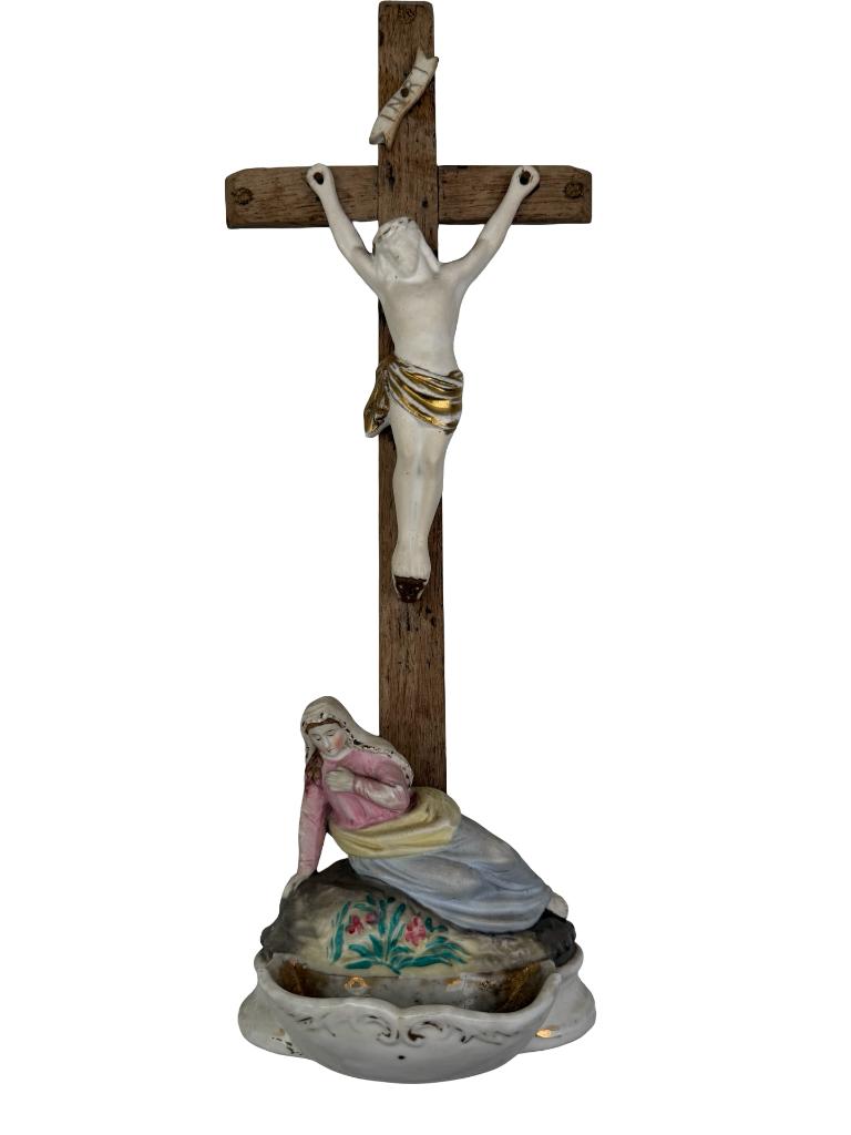 Crucifix ancien bénitier porcelaine – Vieux Paris / Andenne, Enlèvement ou Envoi