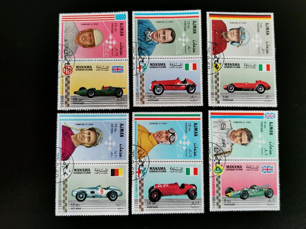 Ajman/Manama 1969 - racepiloten en racewagens, Ophalen of Verzenden, Gestempeld, Midden-Oosten