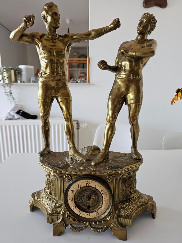 2 boxing men Antique zamac statue sculpture skulptur signed, Ophalen of Verzenden