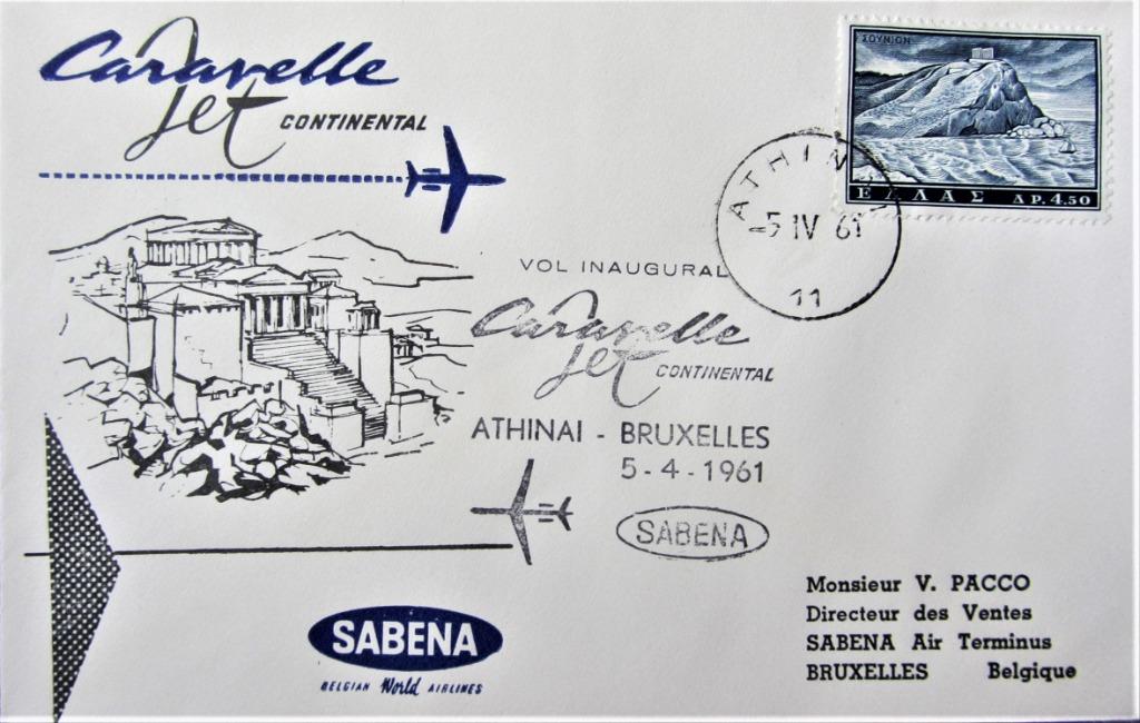 FDC SABENA- ATHENE- BRUSSEL- 1961, Postzegels en Munten, Ophalen of Verzenden, Gestempeld, Vliegtuigen