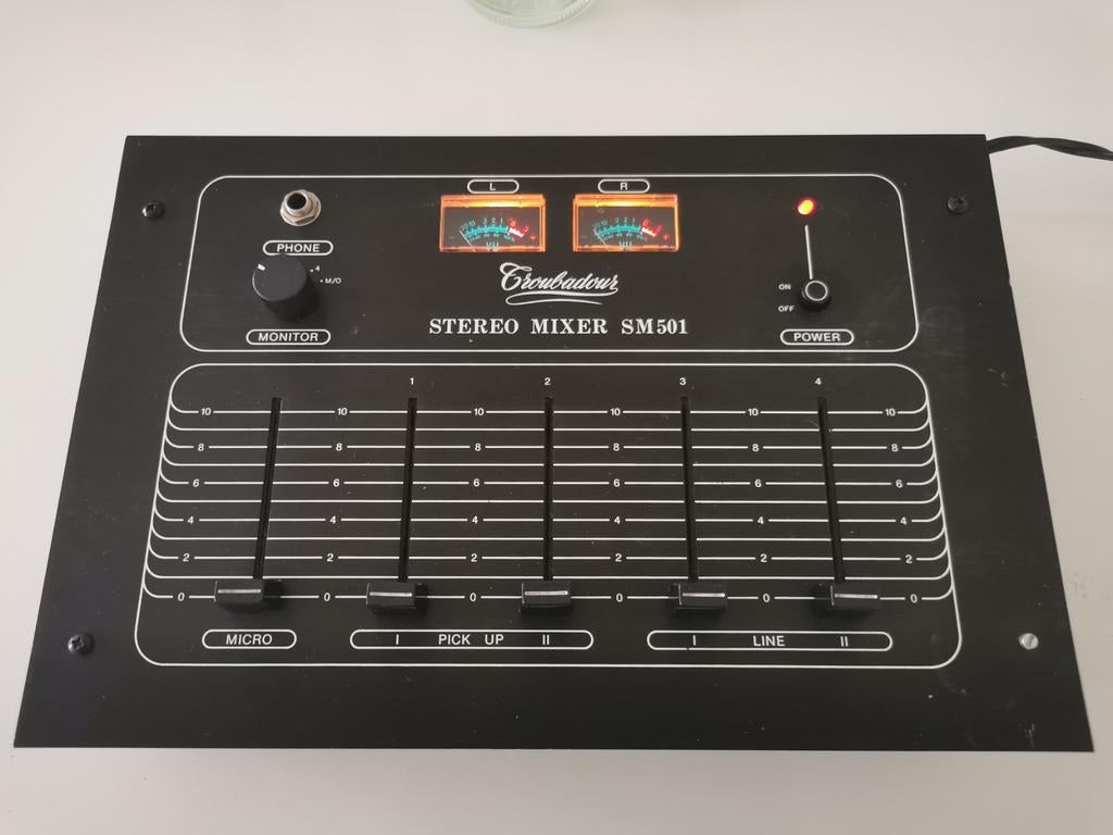 Troubadour Stereo Mixer SM501 vintage zeldzaam mengpaneel, Ophalen of Verzenden, Gebruikt, 5 tot 10 kanalen, Microfooningang