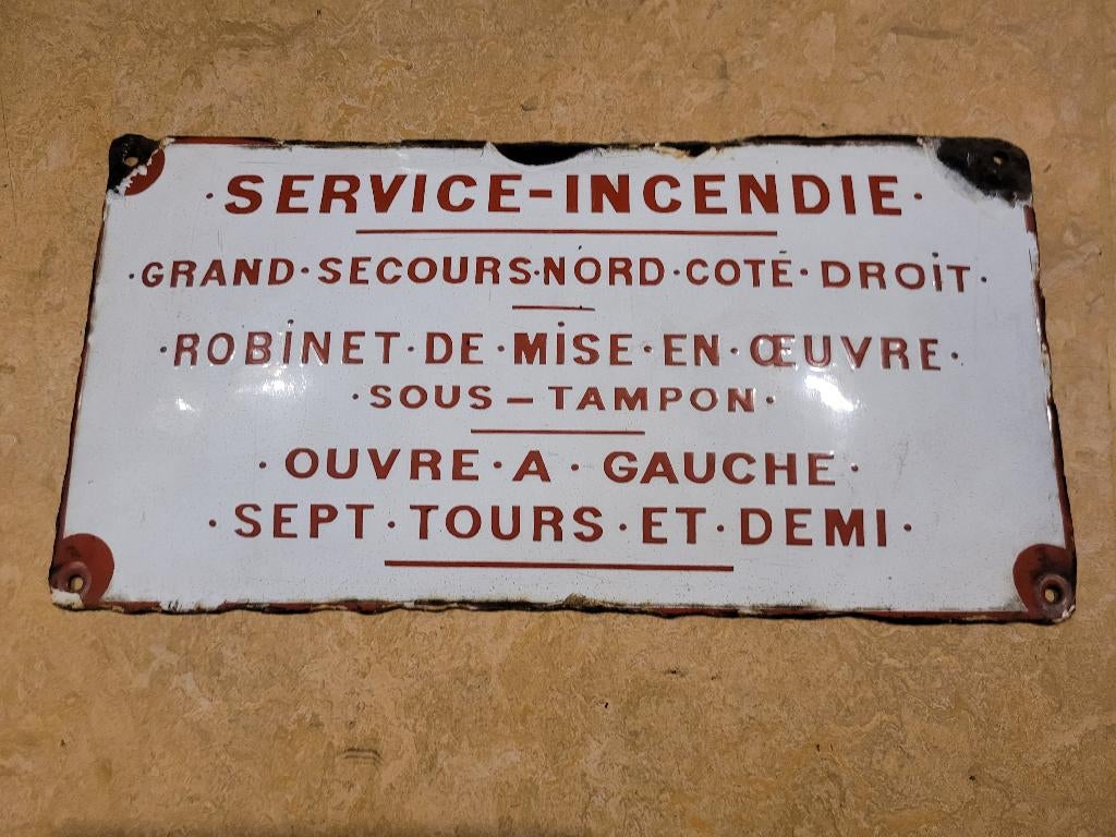 ancienne plaque émaillée service incendie, Collections, Enlèvement ou Envoi, Utilisé, Panneau publicitaire