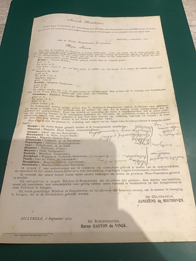 Originele brief oorlog 1914 tarwe-opbrengst baron Zillebeke, Ophalen of Verzenden