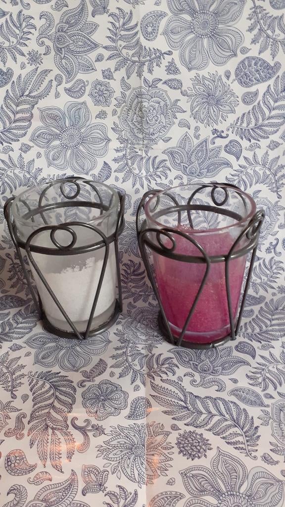 2 photophores verre sable support metal, Enlèvement ou Envoi, Blanc