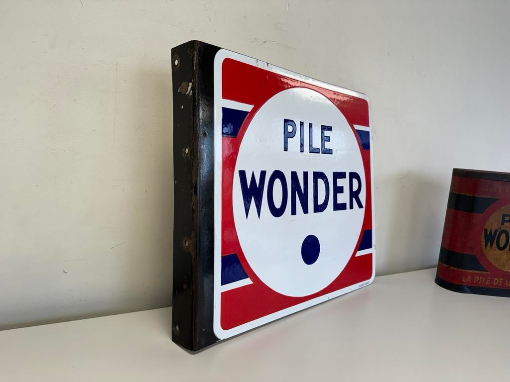 Enseigne publicitaire émaillée PILE WONDER, Enlèvement ou Envoi, Utilisé, Panneau publicitaire