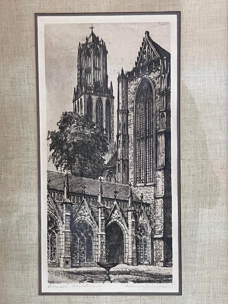 Ets Marius Janssen ‘Utrecht, kloostergang’, Antiek en Kunst, Ophalen of Verzenden