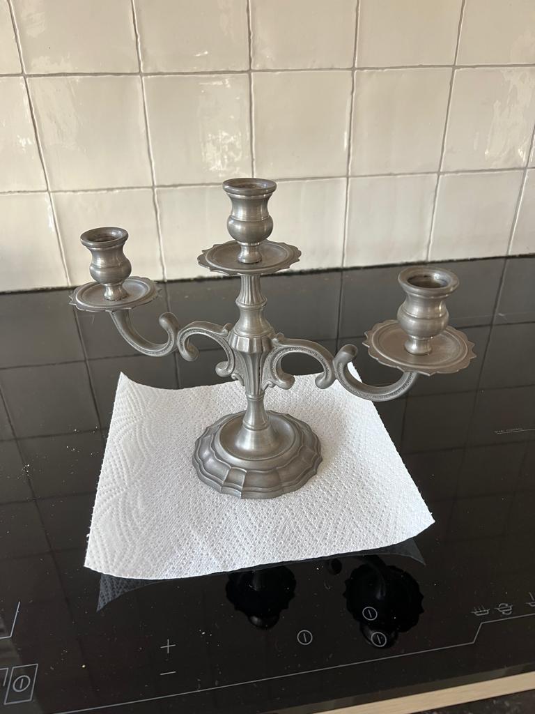 kandelaar (3kaarsen) in tin, Antiek en Kunst, Ophalen