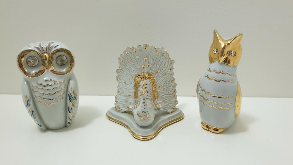 Porcelaine de Limogen avec Swarovski. 2x hibou, paon, Enlèvement ou Envoi, Comme neuf