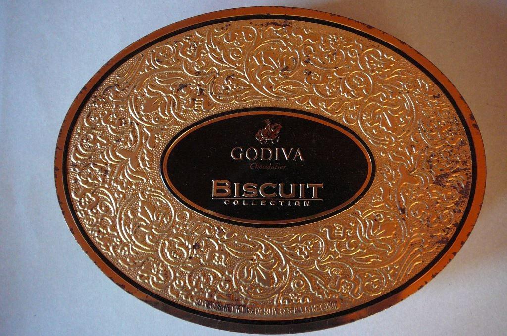 Godiva chocolatier biscuit collection lege ovale blikken koe, Verzamelen, Blikken, Ophalen of Verzenden, Gebruikt, Koek(jes), Overige merken