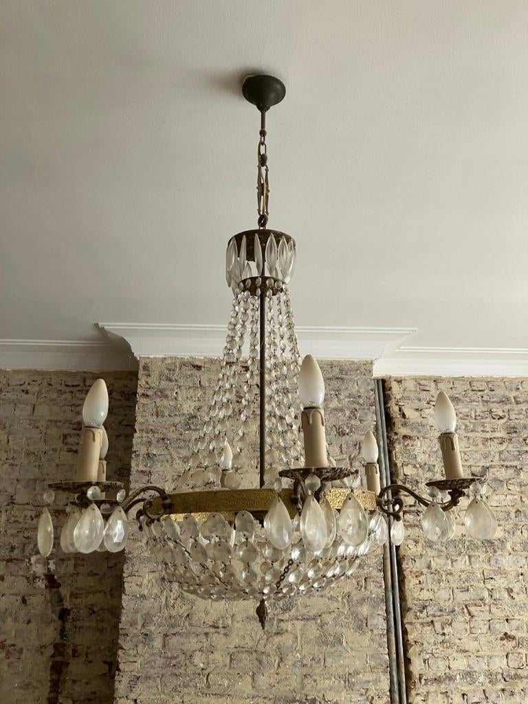 Empire / neoklassieke kristallen luster, Huis en Inrichting, Lampen | Kroonluchters, Gebruikt, Glas, Metaal, Ophalen