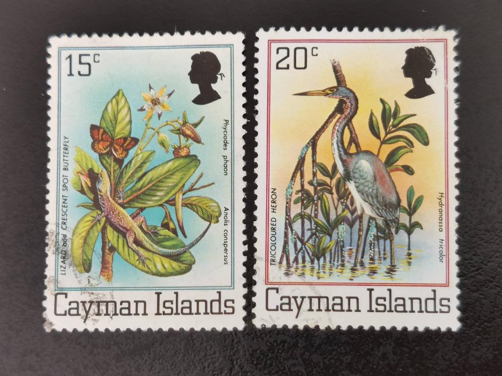 Îles Caïmans 1980 - faune - papillons, oiseaux - héron, Enlèvement ou Envoi, Affranchi, Amérique du Nord