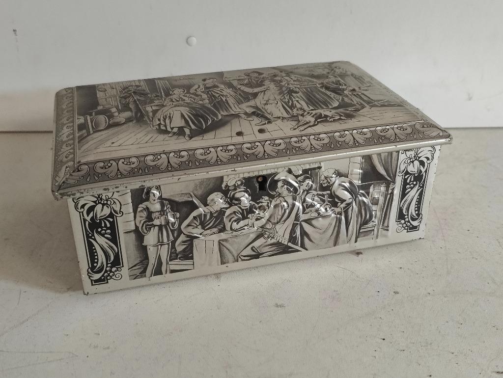 Vintage blikken doos met oud tafereel, Ophalen of Verzenden, Gebruikt