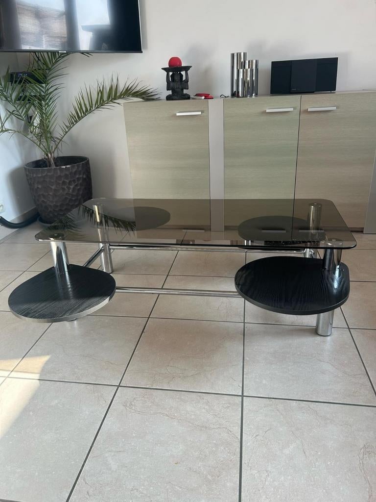 Vintage, table basse verre fumé,plateaux pivotants, Ophalen, Zo goed als nieuw