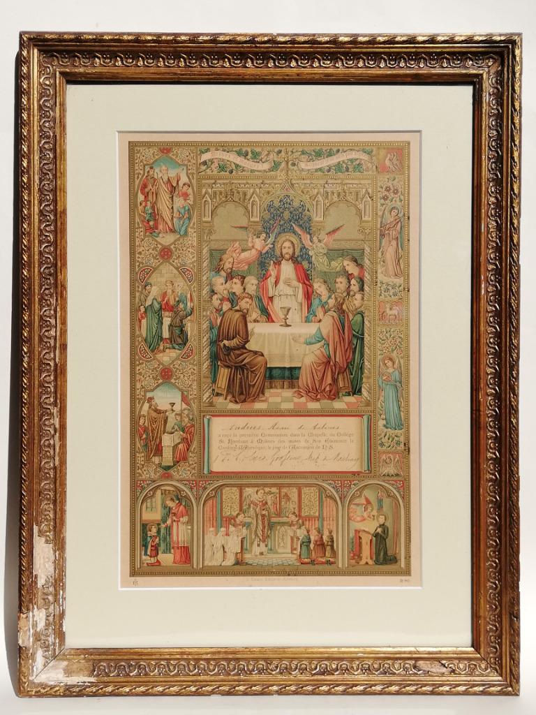 Mooi neogotisch diploma - eerste communie - Mechelen ca 1900, Ophalen of Verzenden