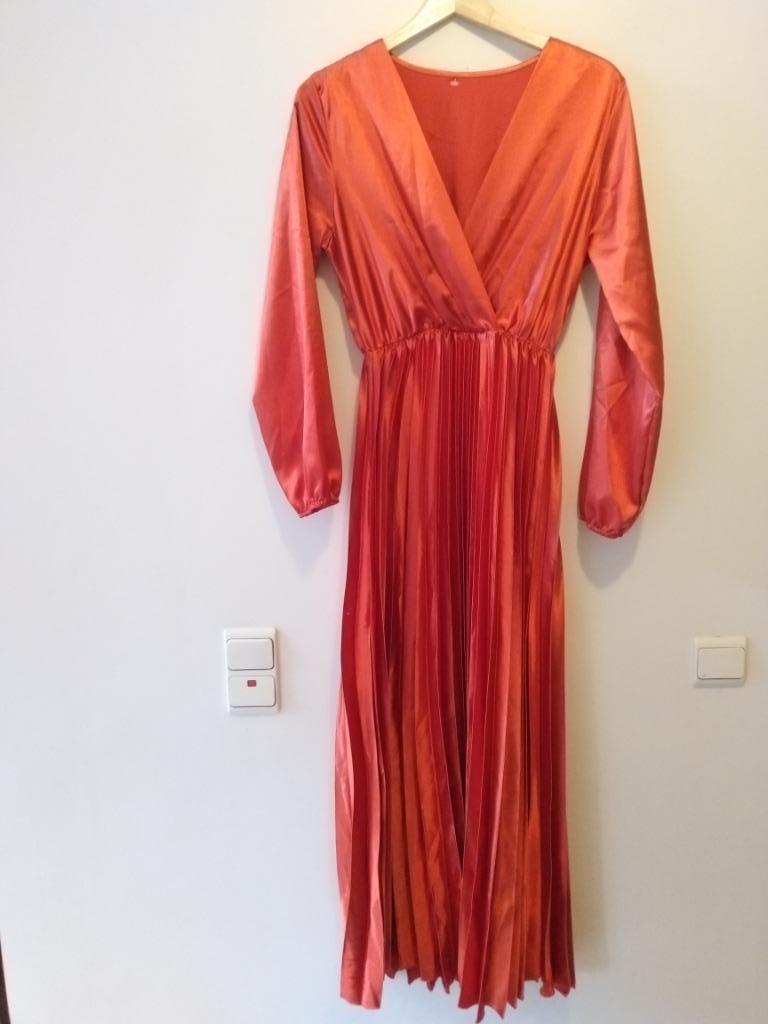 Robe longue orange plissée - T.Small/Medium : voir mesures, Taille 38/40 (M), Enlèvement ou Envoi, Sans marque, Comme neuf