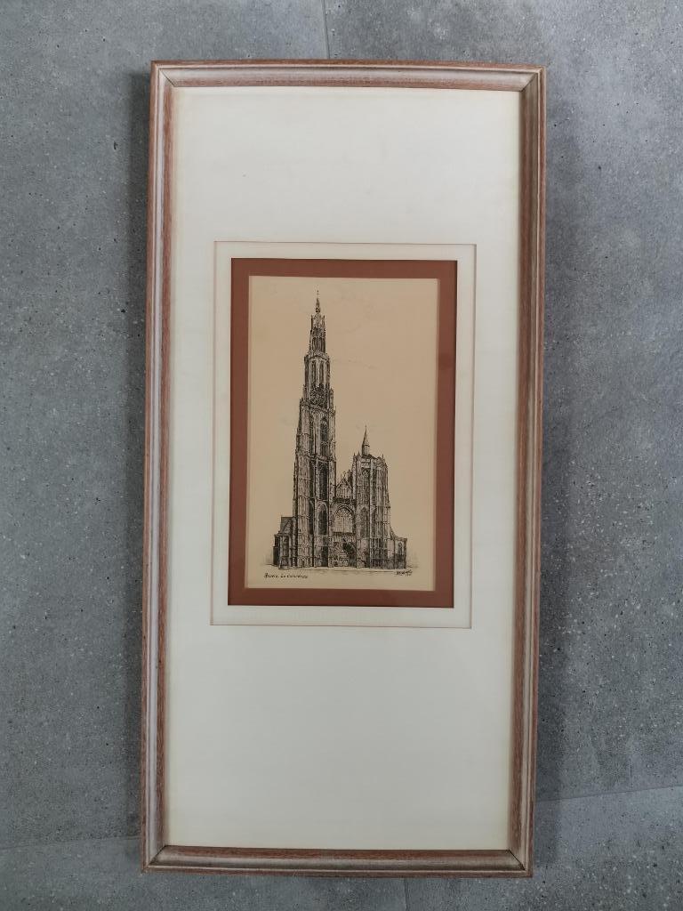 Hoge smalle kader met pentekening kathedraal van Antwerpen, Enlèvement ou Envoi