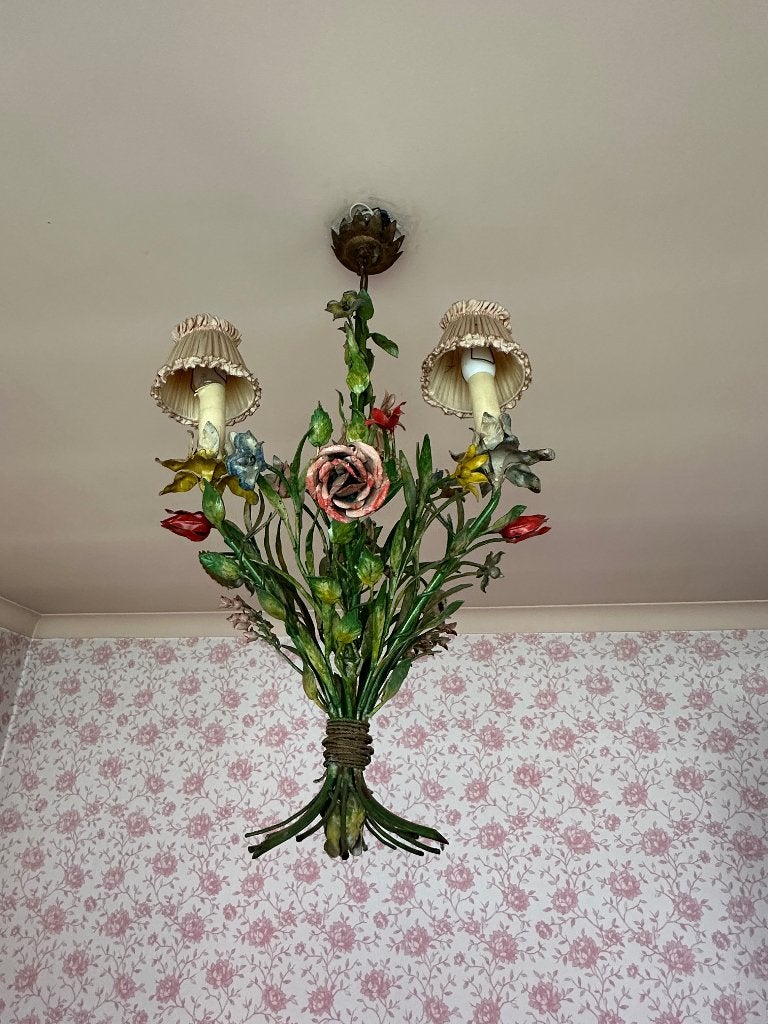 Kroonluchter Italiaans met bloemen, Ophalen, Gebruikt, Glas
