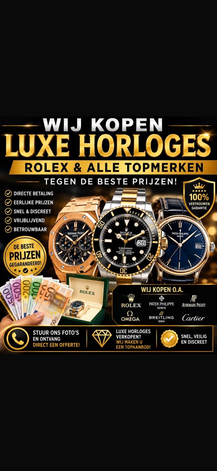 WIJ KOPEN UW LUXE HORLOGES – DIRECT EEN TOPPRIJS!, Ophalen, Zo goed als nieuw, Rolex