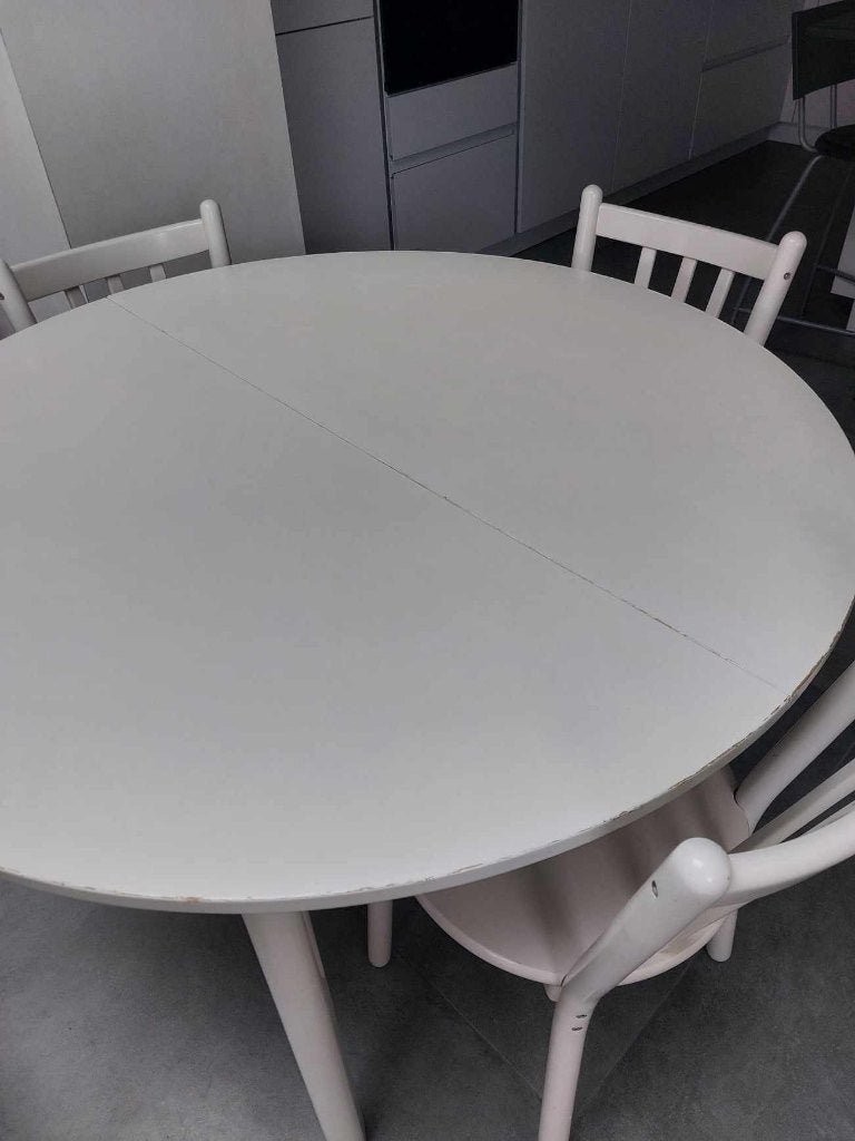 Table ronde blanche en hêtre extensible avec 5 chaises, Enlèvement, Utilisé