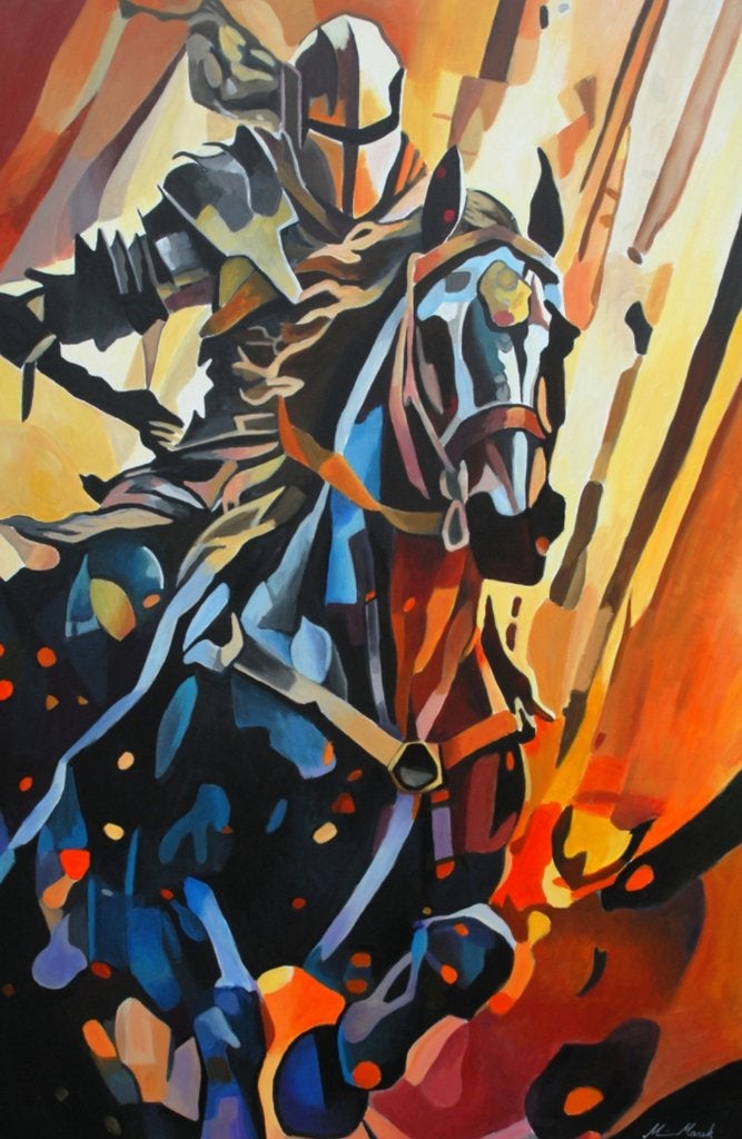 Schilderij van een ridder, Antiquités & Art, Figures, Peinture acrylique, Signé, Autres matériaux