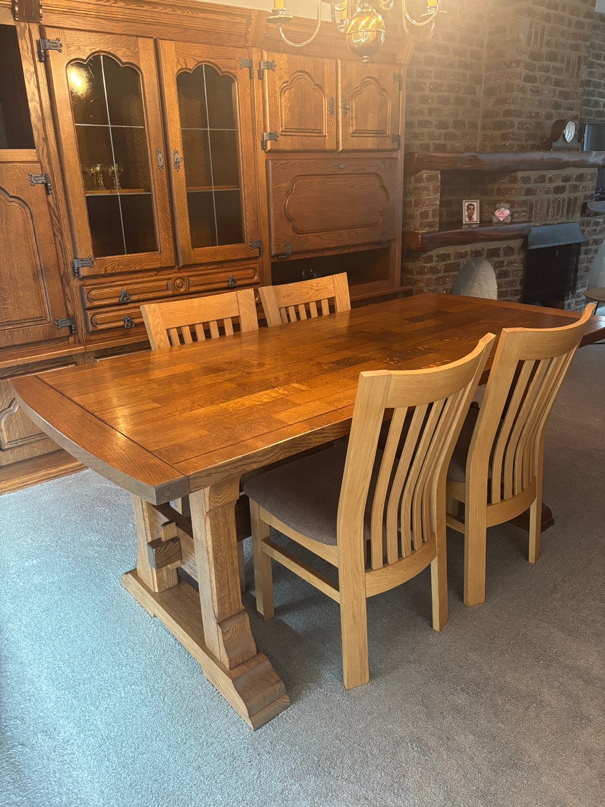 Eiken eetkamertafel + 4 eiken stoelen, Maison & Meubles, Salles à manger complètes, Enlèvement, Comme neuf, Antiek/Modern, 4 à 6 chaises