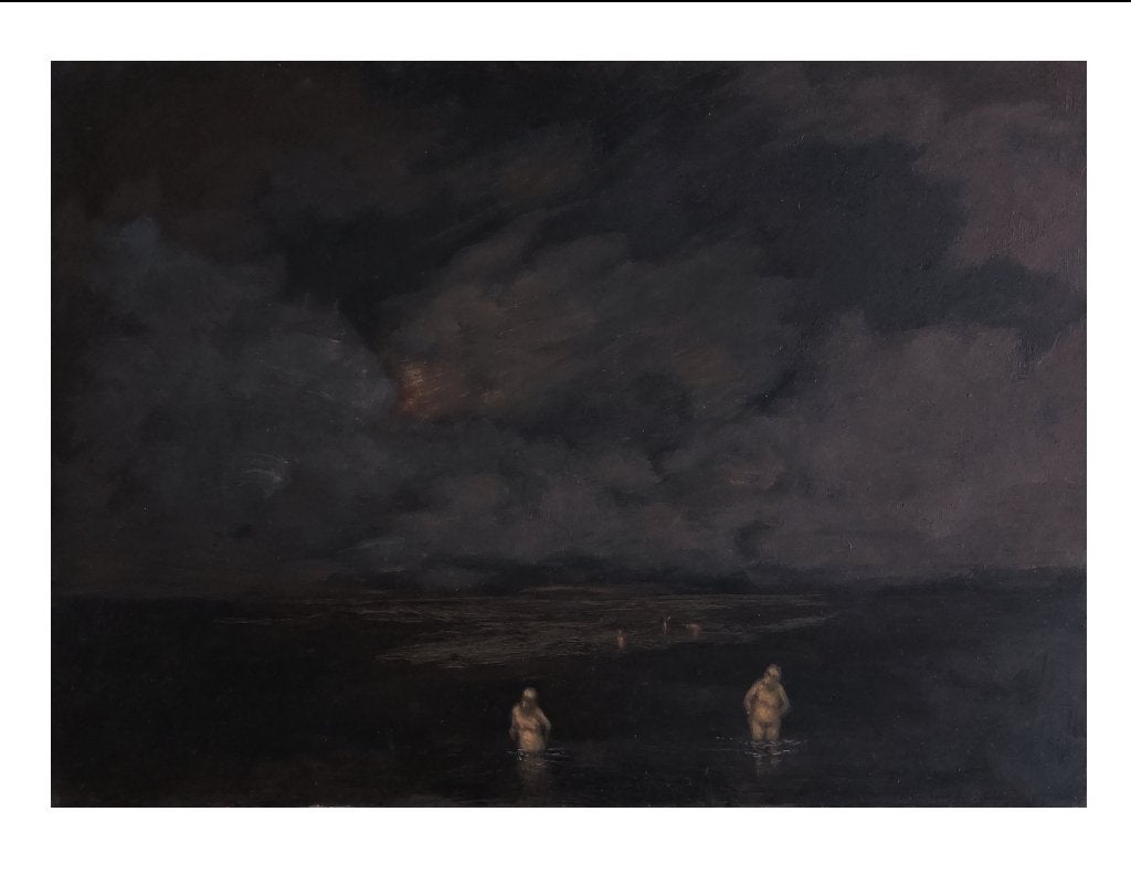 Landschap met Badende Mensen (Nachtzwemmers) - Olieverf, Antiek en Kunst, Kunst | Schilderijen | Klassiek, Ophalen of Verzenden