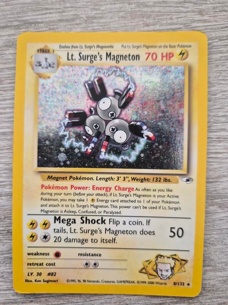 Lt. Surge's Magneton holo gym heroes 8/132, Ophalen of Verzenden, Gebruikt, Losse kaart, Foil