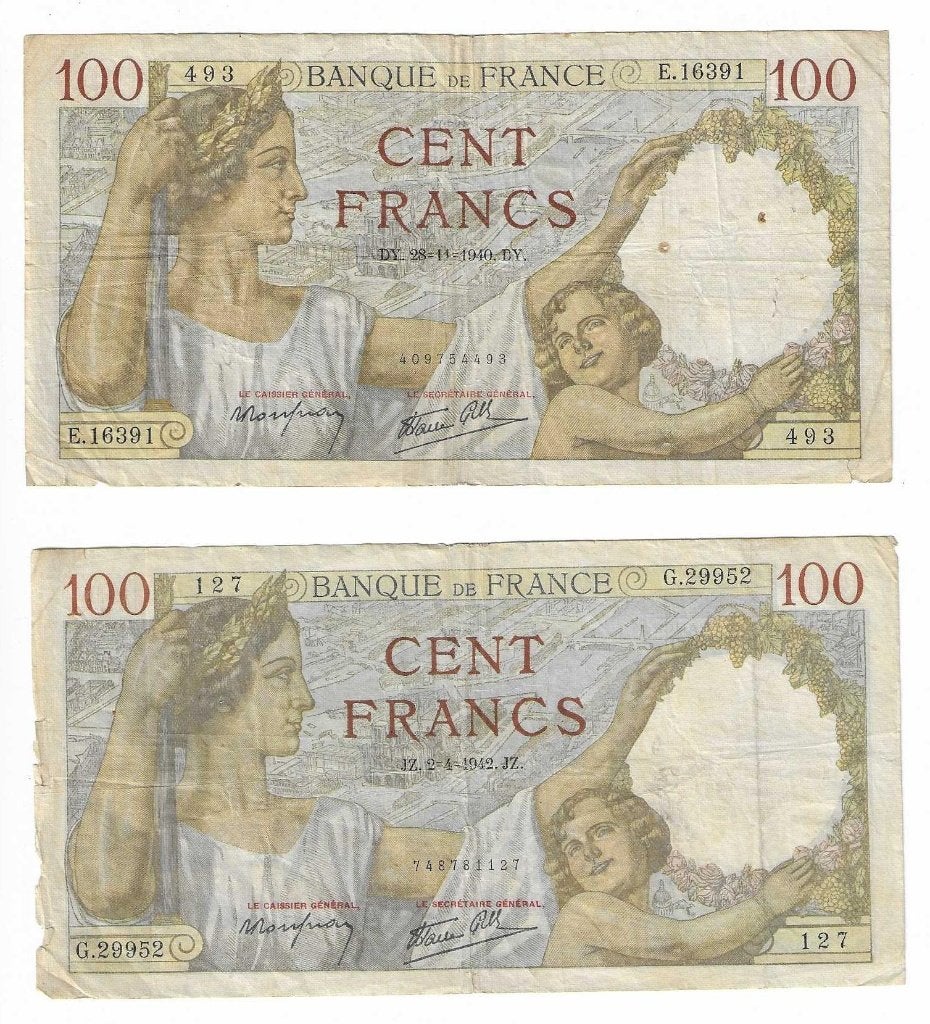 Lot van 2 bankbiljetten Frankrijk 100 francs (Munt 0014), Ophalen of Verzenden, Frankrijk, Los biljet