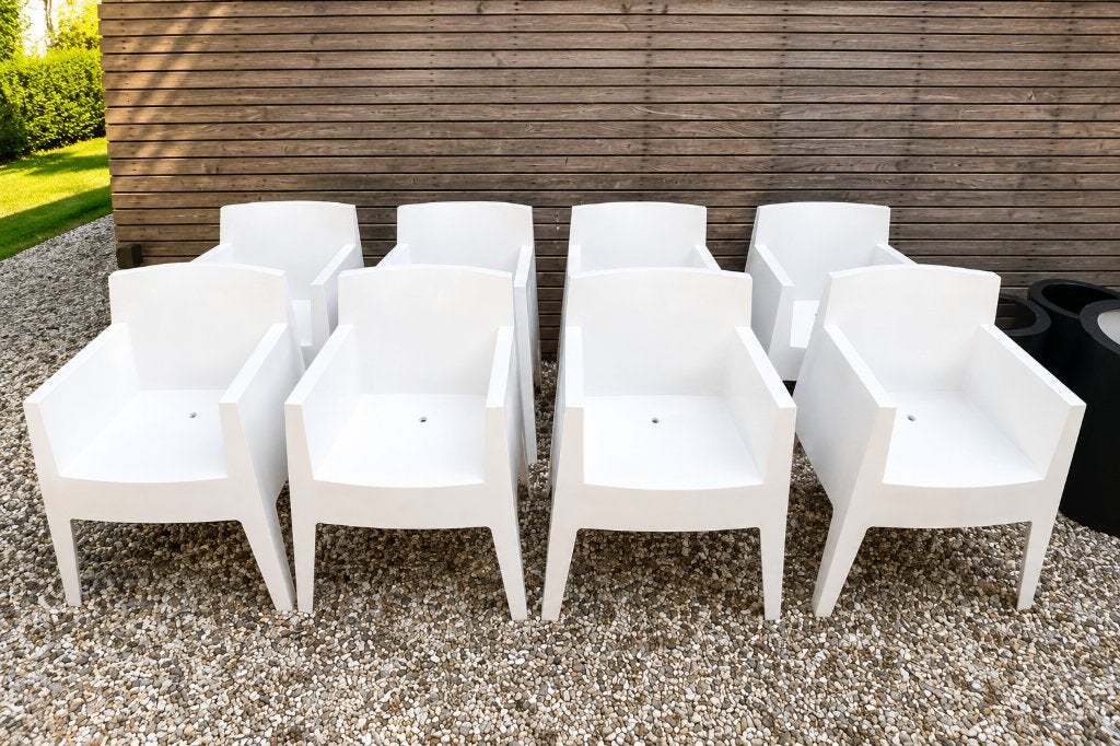 8 chaises Driade Toy originales - Philippe Starck — blanches, Enlèvement, Utilisé, Synthétique, Empilable