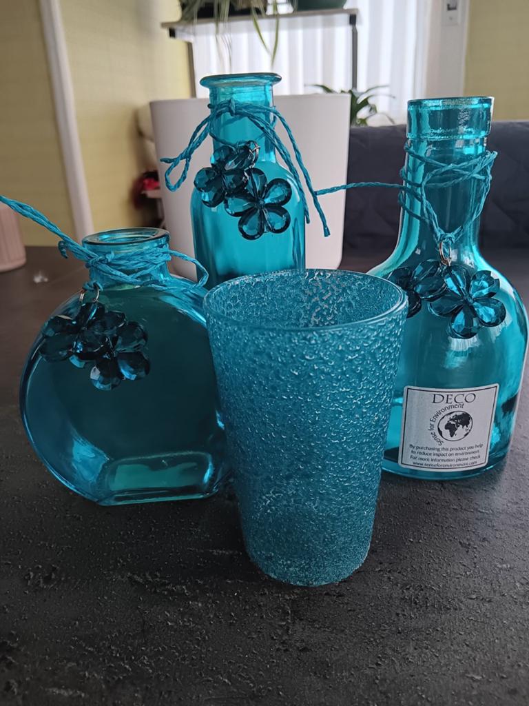 Mooie turquoise vaasjes, Ophalen of Verzenden, Zo goed als nieuw, Glas