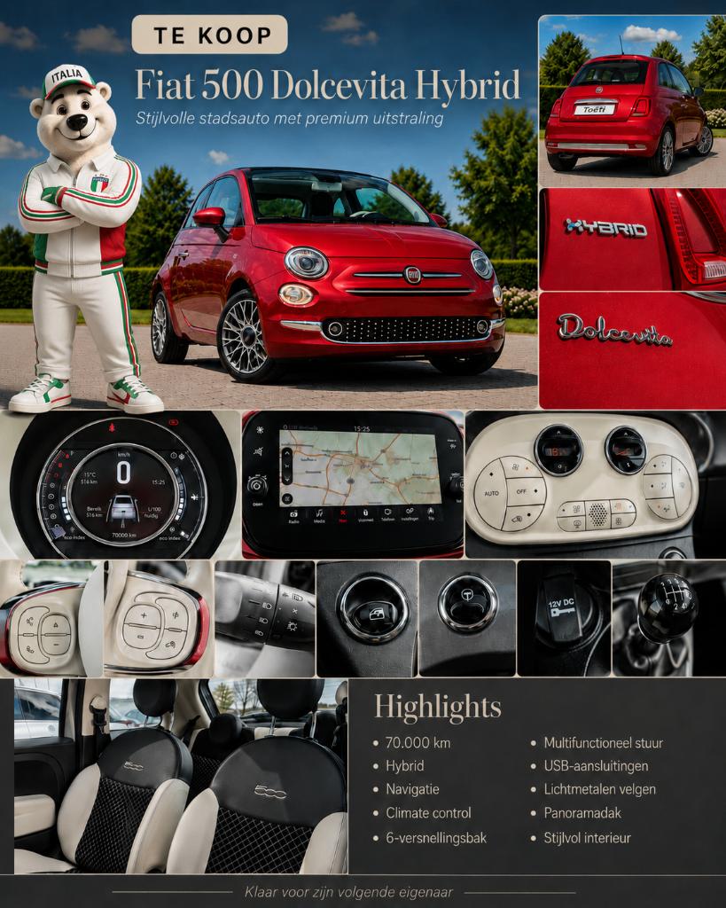 3 X Fiat 500 Hybrid Dolcevita Full Option Turbo, Auto's, Voorwielaandrijving, 980 kg, 0 kg, Parkeerassistent